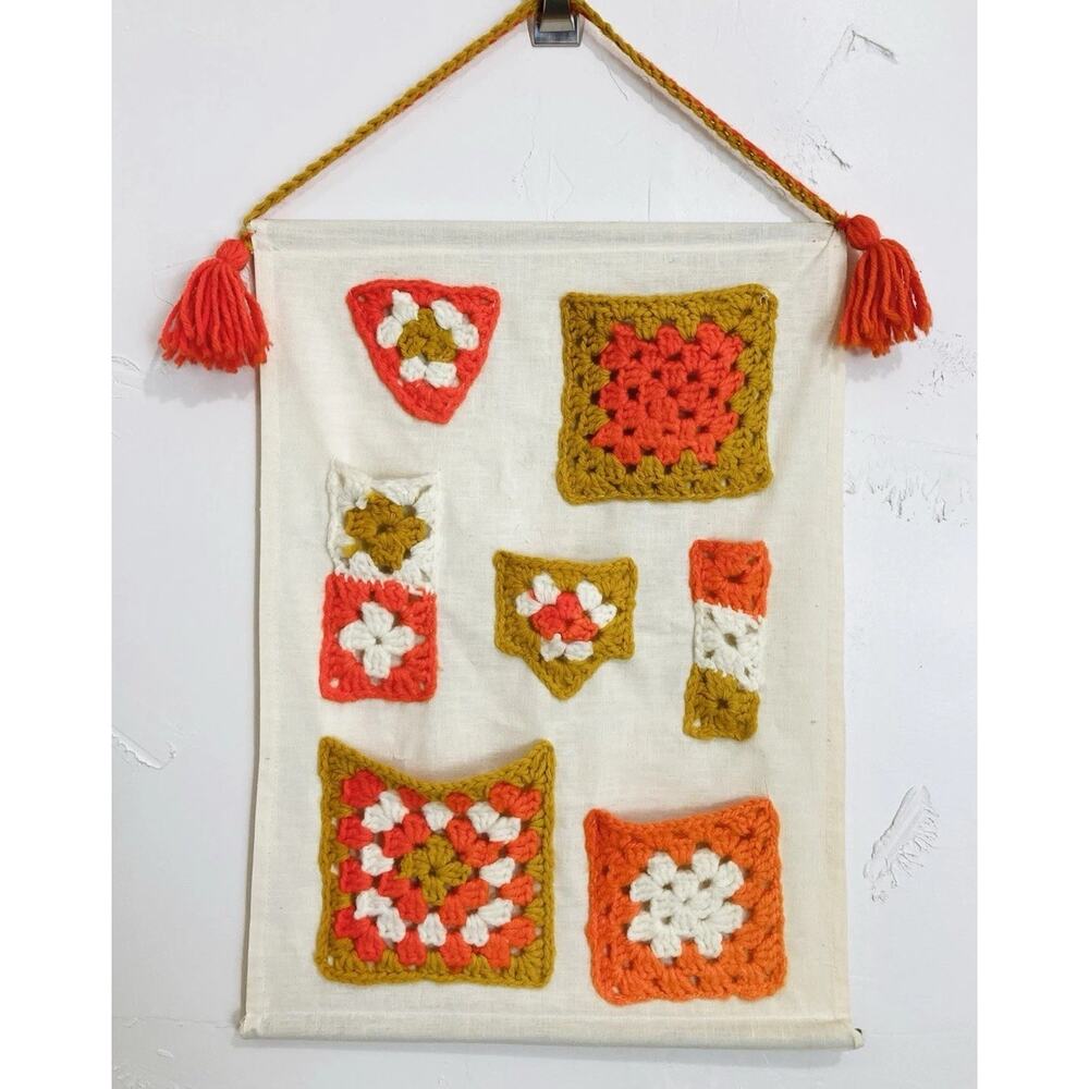 60s Crochet Pockets Sturdy Wall Hanging Storage Organizer Orange Brown Mail Pens
